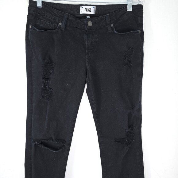 Paige Black Distressed James Crop Low Rise Denim Jeans Raw Hem - Picture 3 of 7